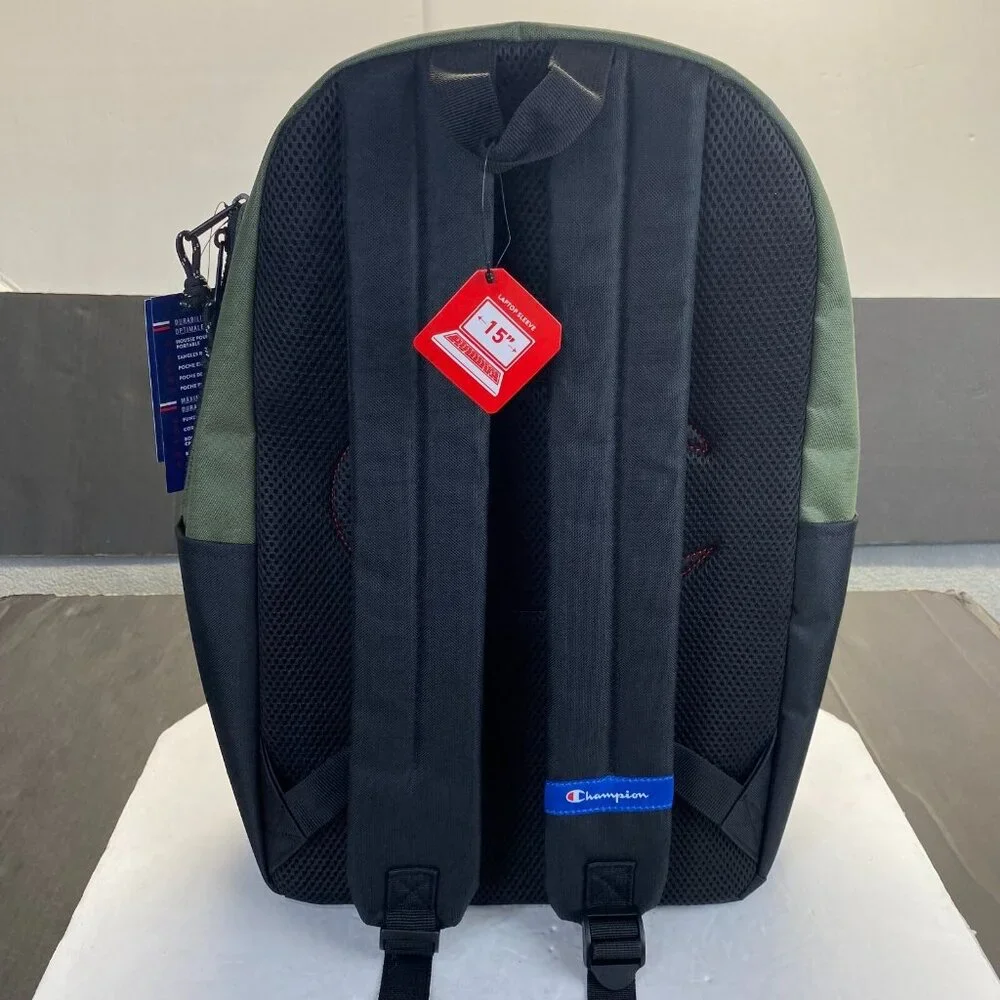Champion 15” Backpack Black/Green cript Logo,Laptop Sleeve,Padded Straps New